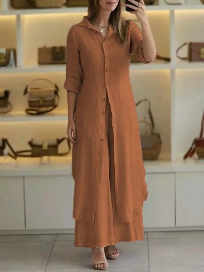 Women's Collared Long Sleeve Button-Front Maxi Shirt Dress Set