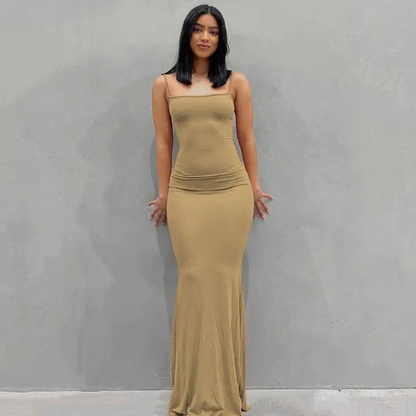 Square Neck Spaghetti Strap Fitted Maxi Dress