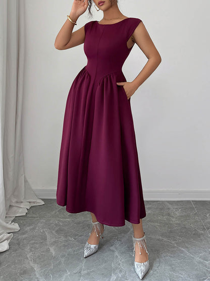 Boat Neck Sleeveless Pleated A-Line Backless Midi Dress with Pockets