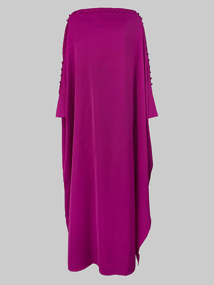 Button Trim Asymmetric Off Shoulder Slit Maxi Dress