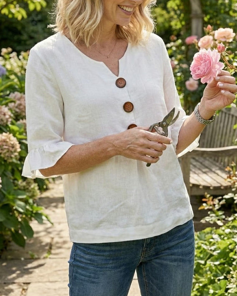 V Neck Button Detail Ruffle Sleeve Top