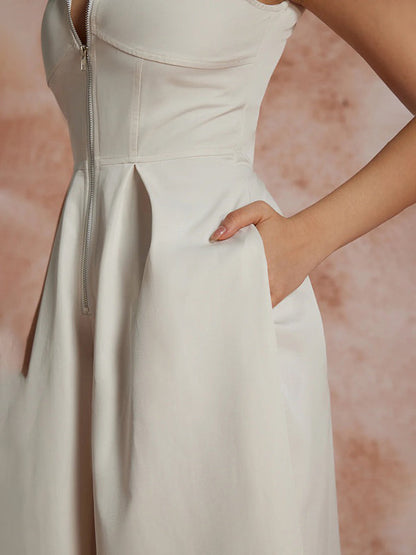 Sleeveless Zippered Pleated Maxi Fitted Flared Jumpsuit