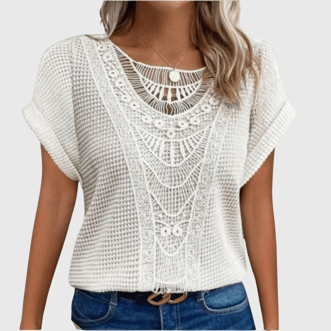 Textured Perforated Geometric Rolled Sleeved Relaxed Top