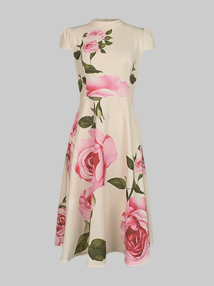 Short Sleeves Skinny Flower Print Stand Collar Midi Dress