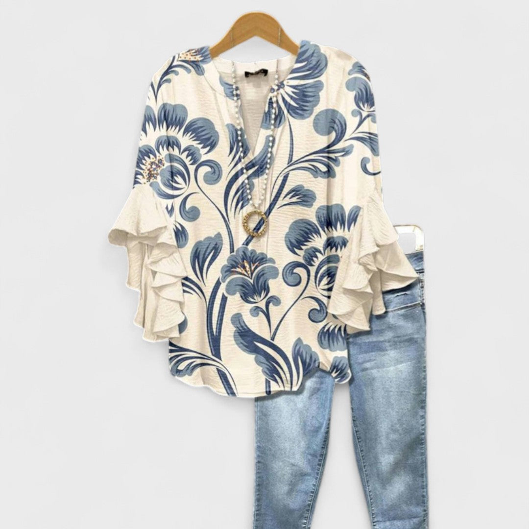 Tiered Sleeve V-Neck Blouse