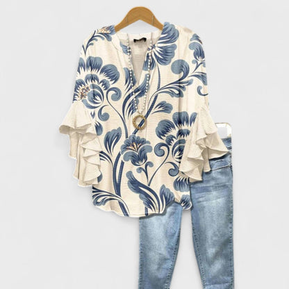 Tiered Sleeve V-Neck Blouse