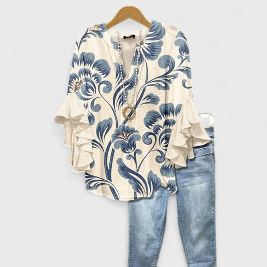 Tiered Sleeve V-Neck Blouse