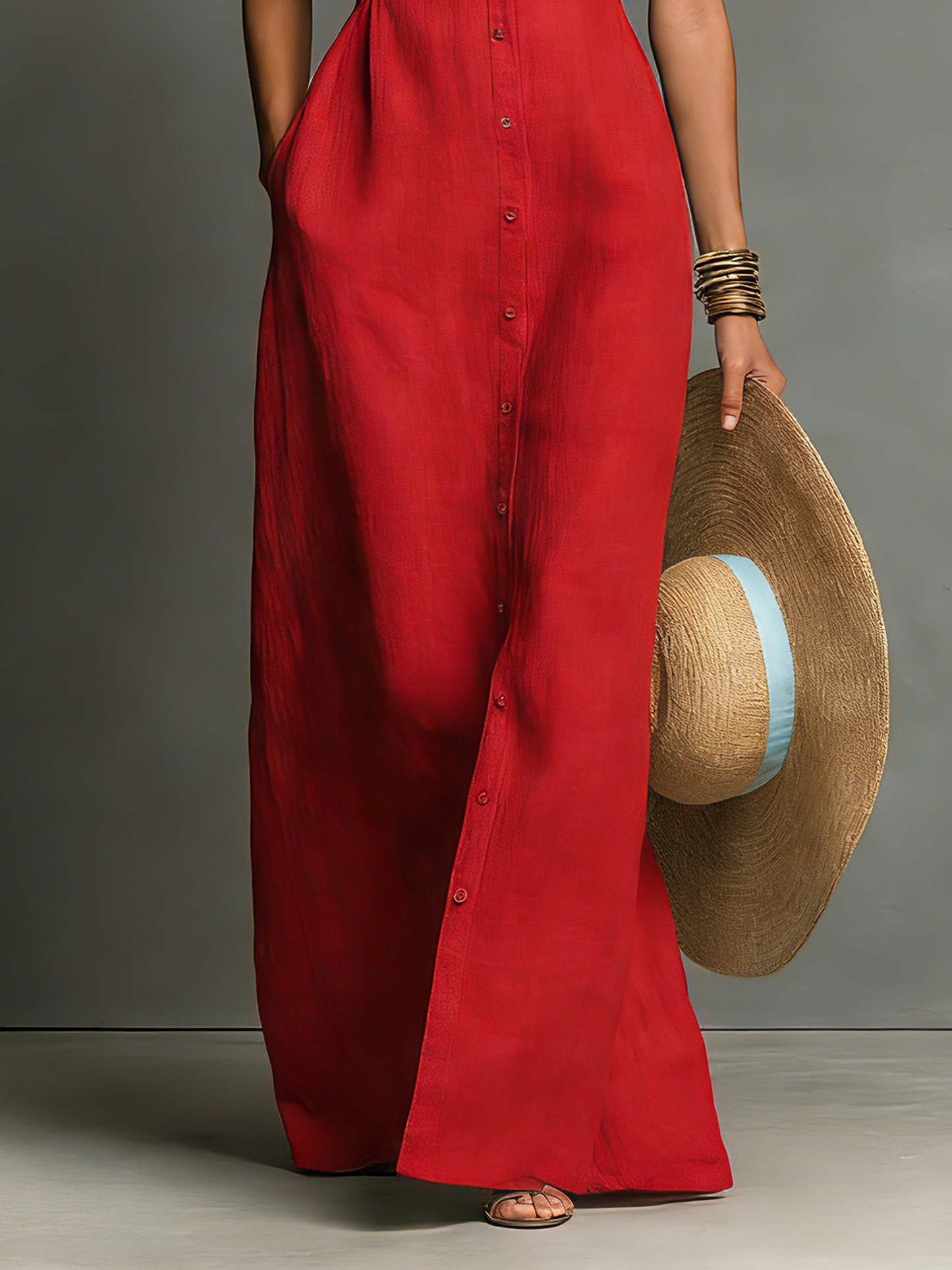 Collar Button Placket Sleeveless Pocketed Maxi Dress