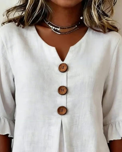 V Neck Button Detail Ruffle Sleeve Top