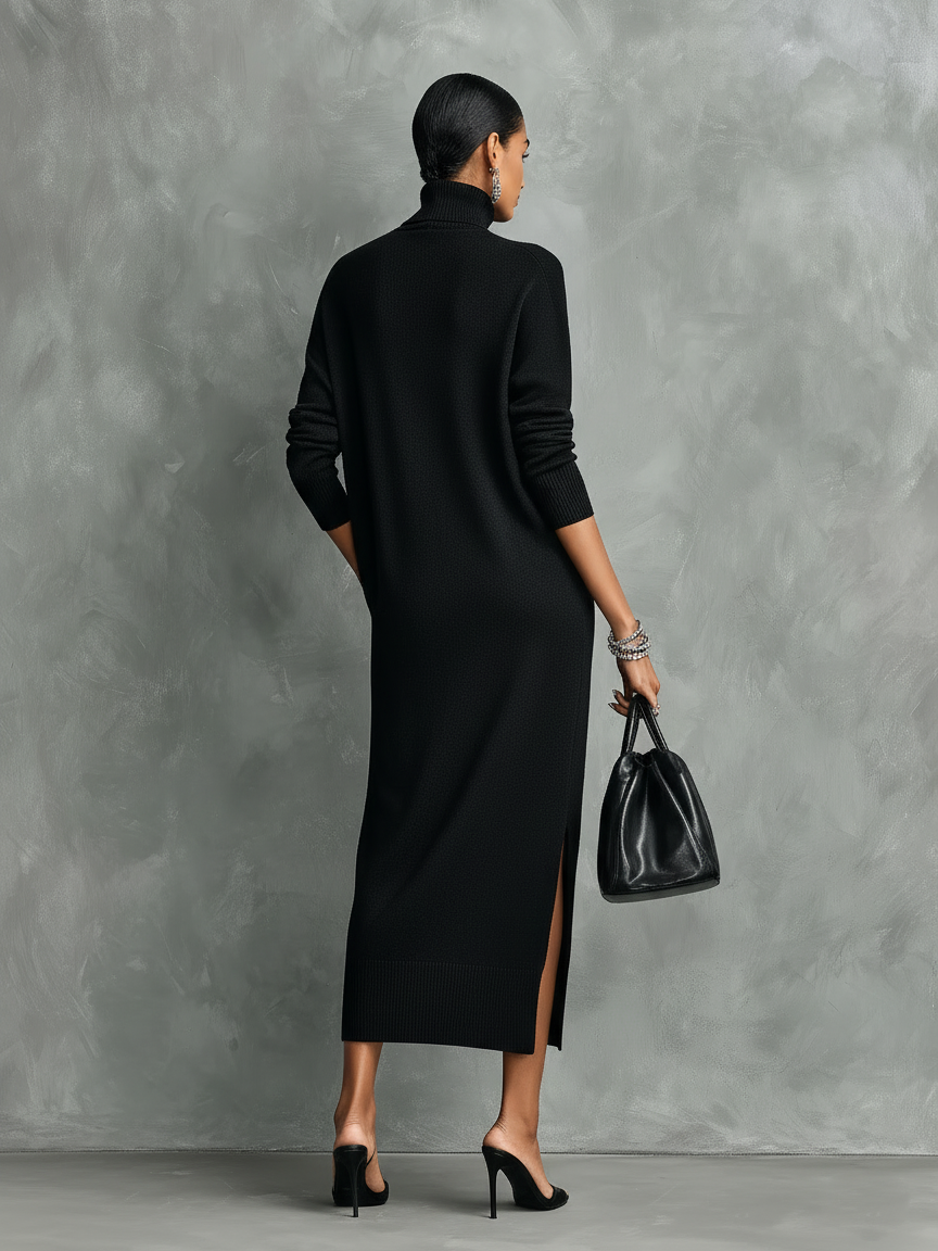 Turtleneck Long Sleeve Pocket Side Slit Dress