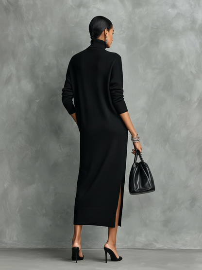 Turtleneck Long Sleeve Pocket Side Slit Dress
