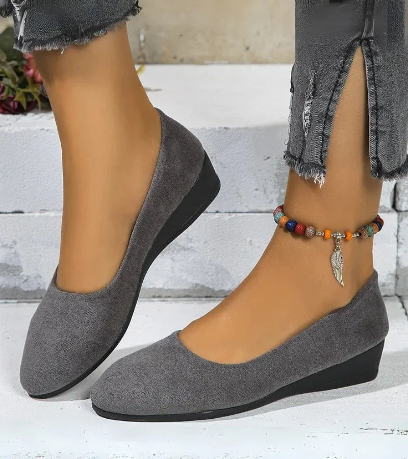 Round Toe Slip On Low Wedge Shoes
