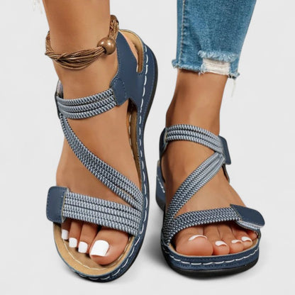 Open Toe Platform Criss Cross Hook Loop Textured Sandals