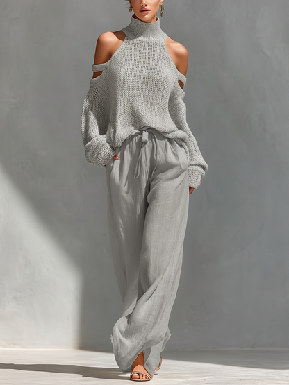 High Neck Cutout Shoulder Knitted Set