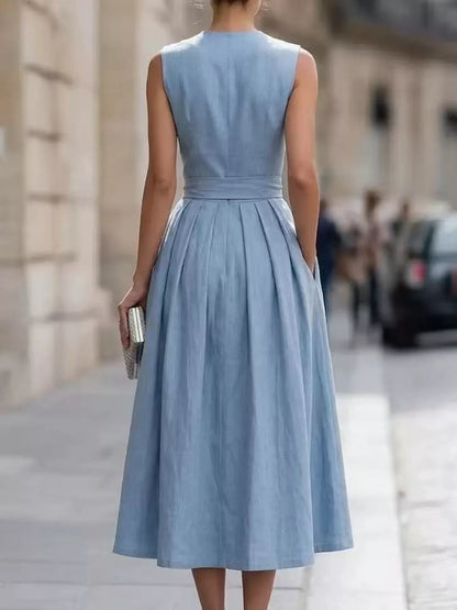 Round Neck Sleeveless Button-Front Belted Midi Dress