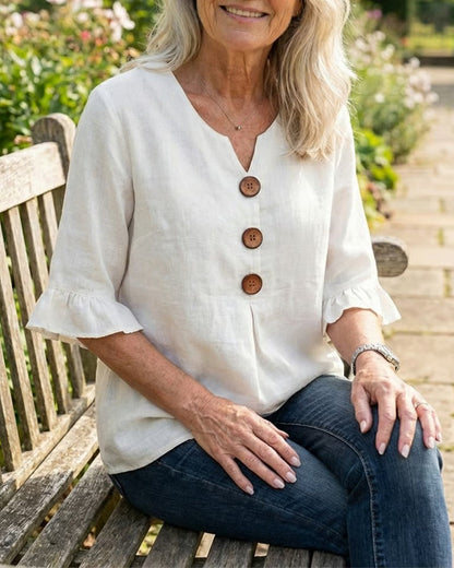V Neck Button Detail Ruffle Sleeve Top