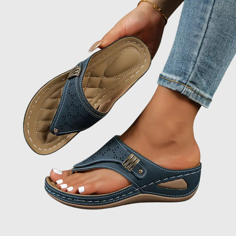 Open Toe Perforated Wedge Slip On Sandals