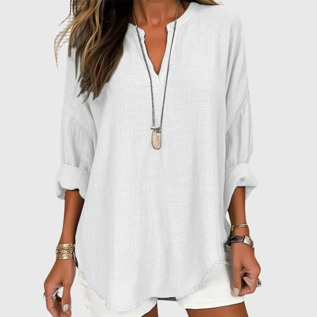 Loose Fit Rolled Sleeve V Neck Shirt