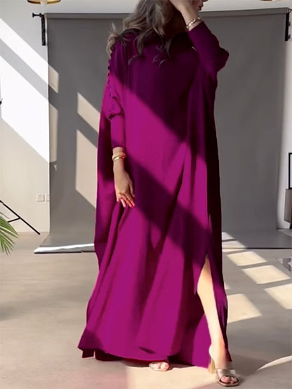 Button Trim Asymmetric Off Shoulder Slit Maxi Dress