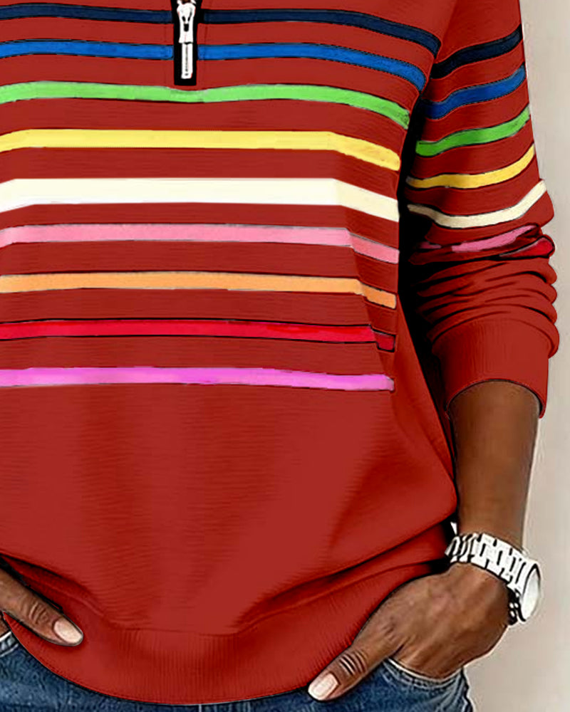 Women's Polo Collar Half Zip Striped Sweatshirt