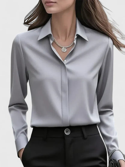 Solid Relaxed Collared Long Cuffed Buttoned Blouse