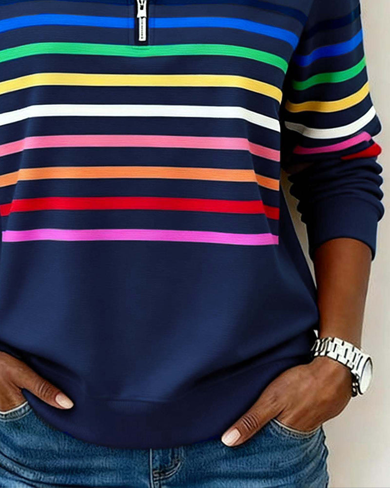 Women's Polo Collar Half Zip Striped Sweatshirt