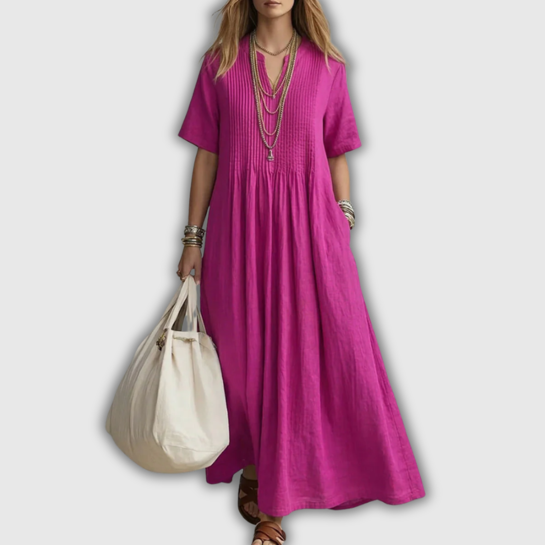 Pintuck V-Neck Short Sleeve Maxi Dress