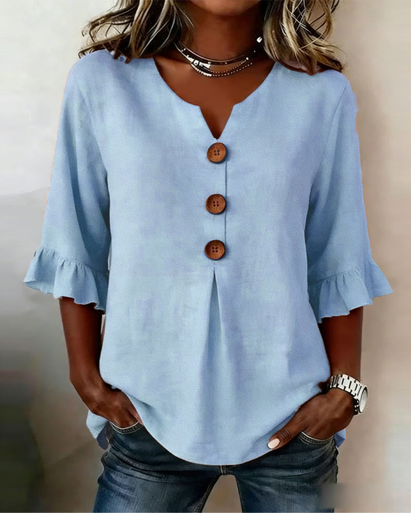 V Neck Button Detail Ruffle Sleeve Top