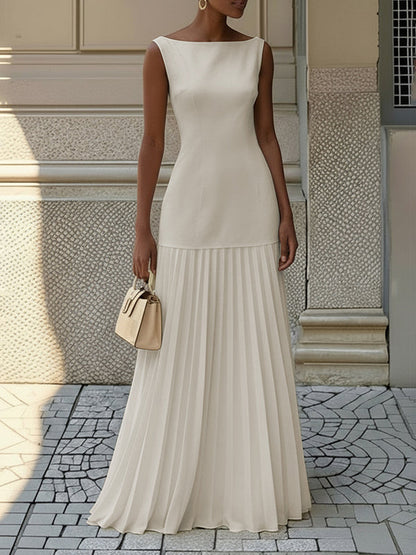 Pleated Sleeveless Boat Neck Maxi Drop Waist Dress
