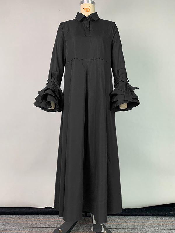 Collared Ruffled Pleated Maxi Loose Flared Dress