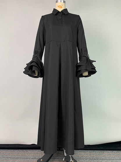 Collared Ruffled Pleated Maxi Loose Flared Dress
