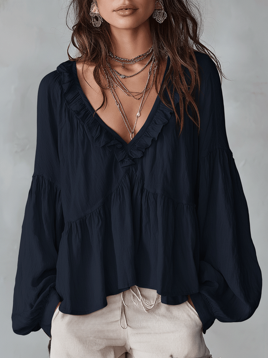 Solid Ruffled V Neck Lantern Sleeve Top