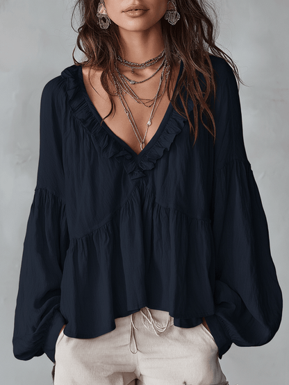 Solid Ruffled V Neck Lantern Sleeve Top