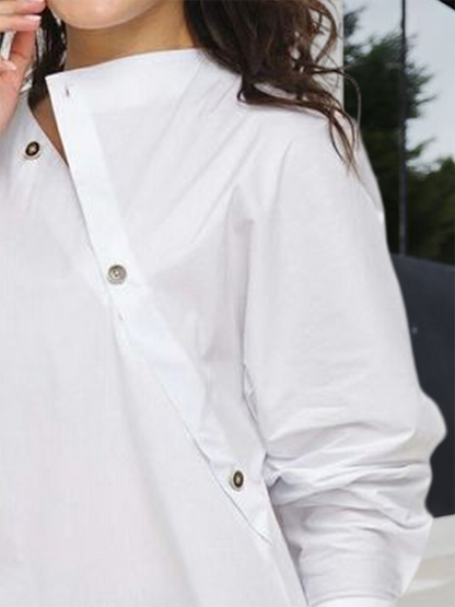 Asymmetric Buttoned Mock Neck Long Sleeve Blouse