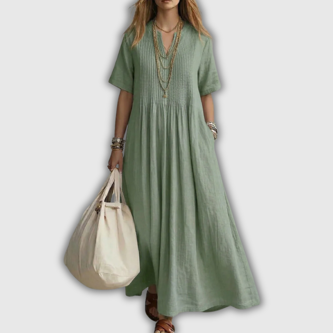 Pintuck V-Neck Short Sleeve Maxi Dress