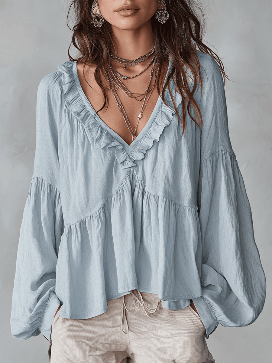 Solid Ruffled V Neck Lantern Sleeve Top