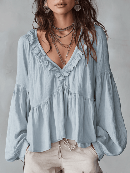 Solid Ruffled V Neck Lantern Sleeve Top