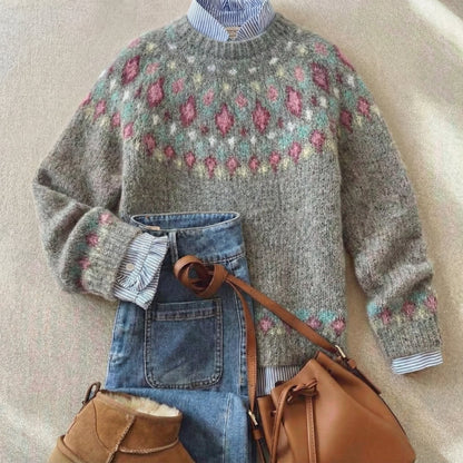 Women's Crew Neck Fair Isle Long Sleeve Chunky Knit Sweater
