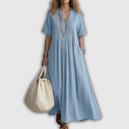 Pintuck V-Neck Short Sleeve Maxi Dress