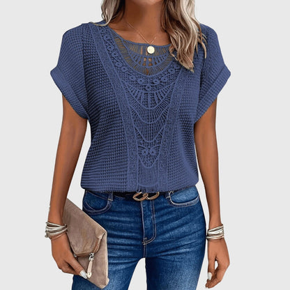 Textured Perforated Geometric Rolled Sleeved Relaxed Top