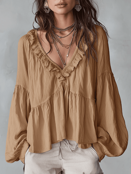 Solid Ruffled V Neck Lantern Sleeve Top