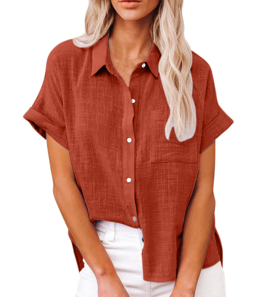 Textured Point Collar Pocket Front Blouse