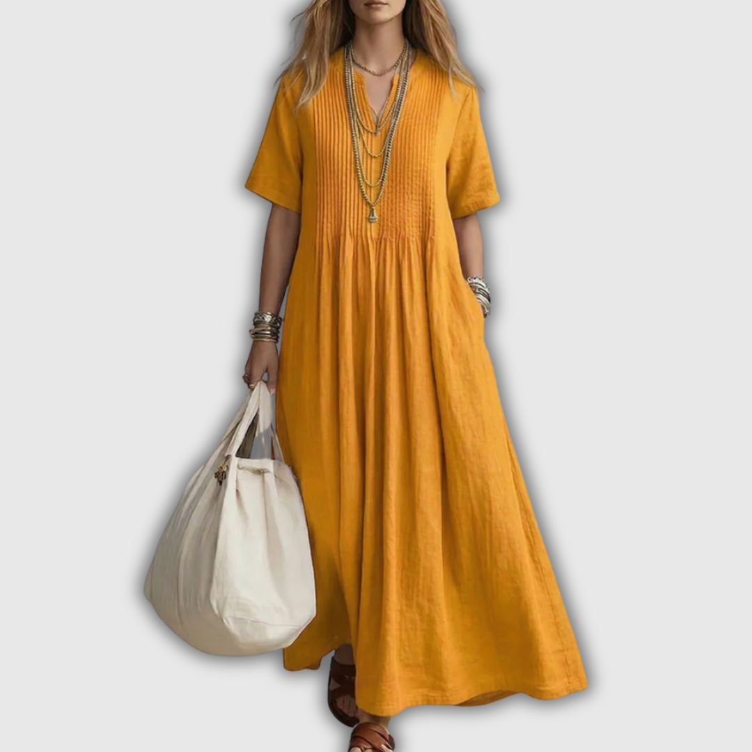 Pintuck V-Neck Short Sleeve Maxi Dress