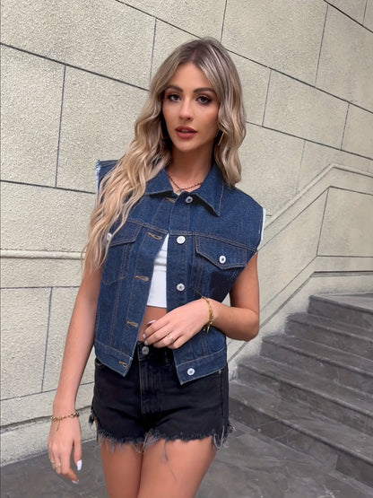 Sleeveless Cropped Buttoned Collared Pocketed Frayed Jacket