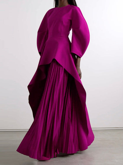 Long Sleeves Loose Pleated Tiered Round-Neck Maxi Dress