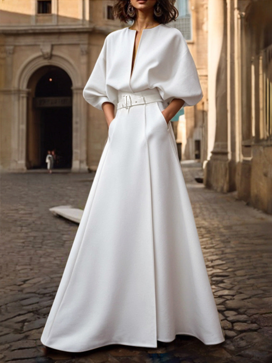 Belted Slit Maxi Paneled Structured Dress