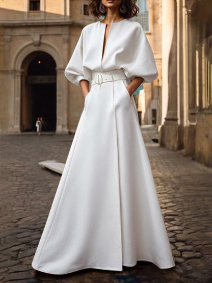 Belted Slit Maxi Paneled Structured Dress