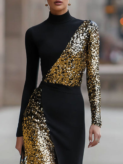Asymmetric Sequin Mock Neck Slit Dress