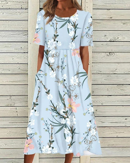 Floral Printed Rounded Gathered Flared Dress