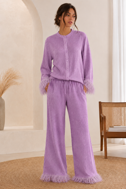 Collared Button Front Feather Cuff Loungewear Set For Women